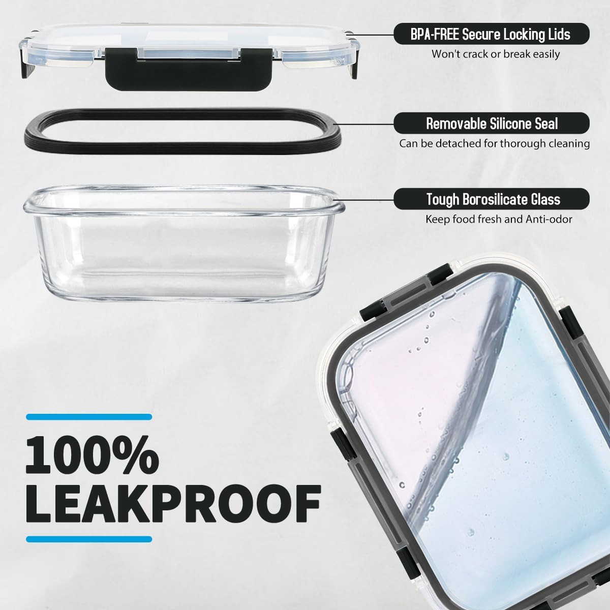 42pcs Glass Food Storage Containers with Snap Locking Lids Set, Glass Meal Prep Containers (21 Container & 21 Lids),Leak Proof Lunch Containers BPA-Free,Black