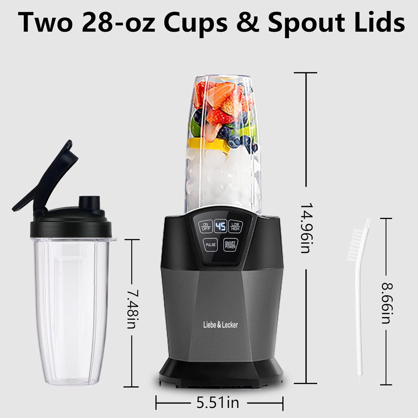 Liebe&Lecker Smoothie Blender, 1200W Blender for Smoothies, Blenders with (2) 28-oz To-Go Cups & Solid Lid, Personal Blenders for Shakes and Smoothies, Ice Crushing & Frozen Fruit