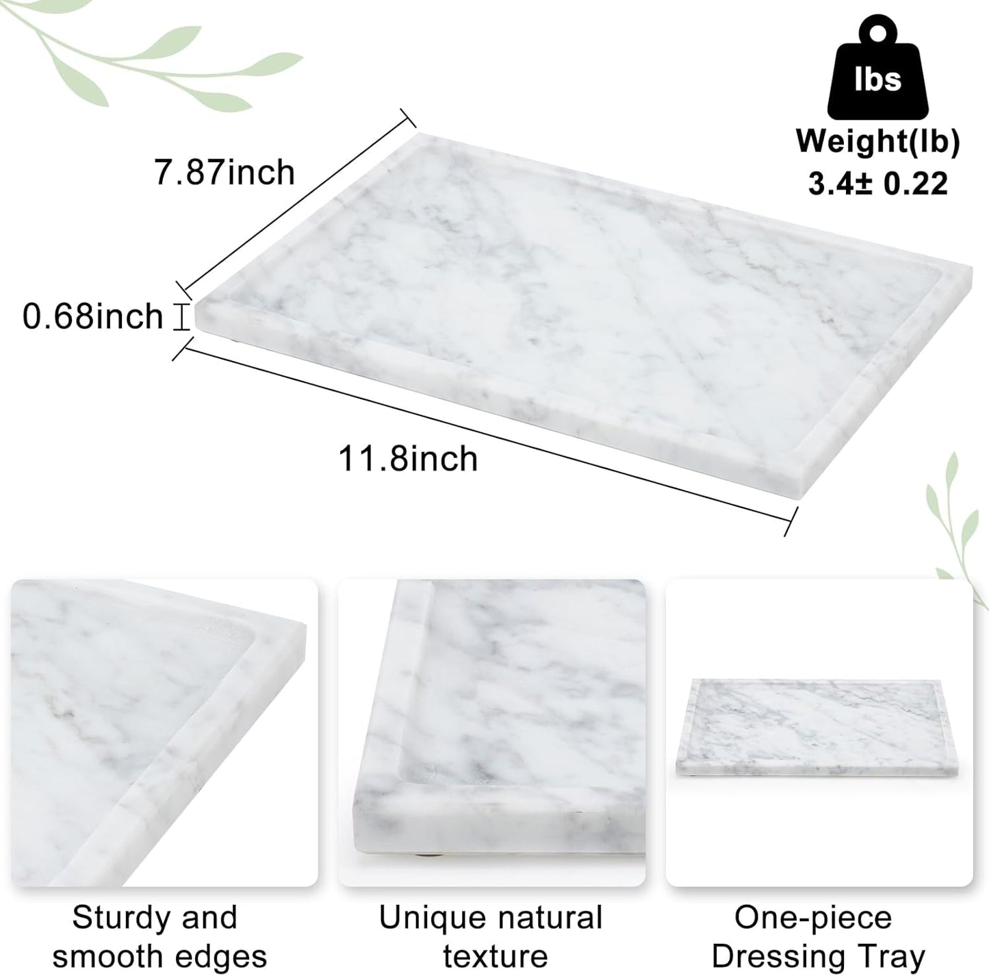 Real Luxurious Natural Marble Tray - 12x8 Inch Marble Vanity Tray for Perfume Display, Jewelry Organizer, Bathroom & Home Decor -Heavy Duty Non-Slip Stone Tray (Non-Resin/Non-Ceramic)