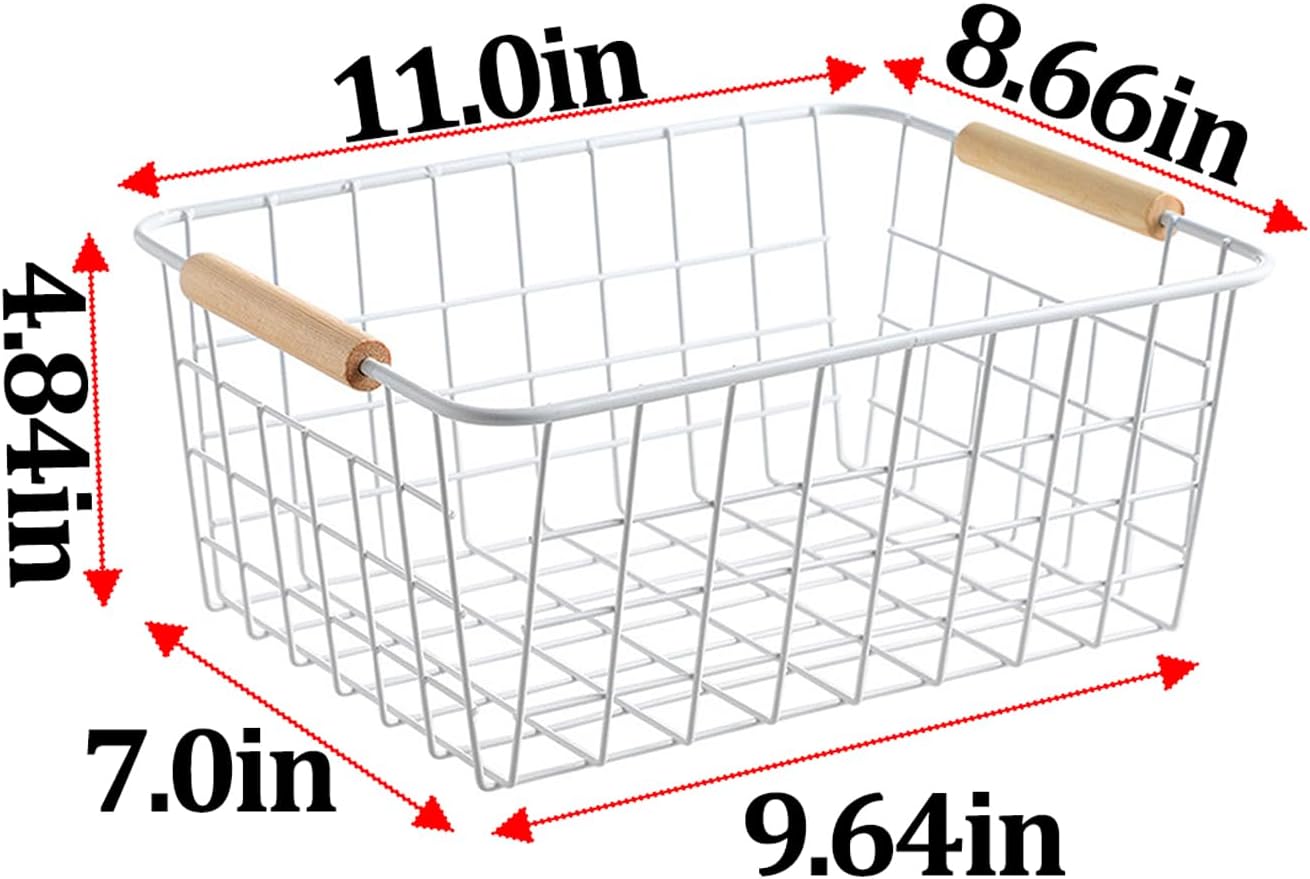 LeleCAT white wire baskets for organizing with Wooden Handles Storage Organizer Baskets, Household snack basket for Cabinets, Pantry, Closets, Bedrooms, pantry organizers and storage - Set of 2（White）