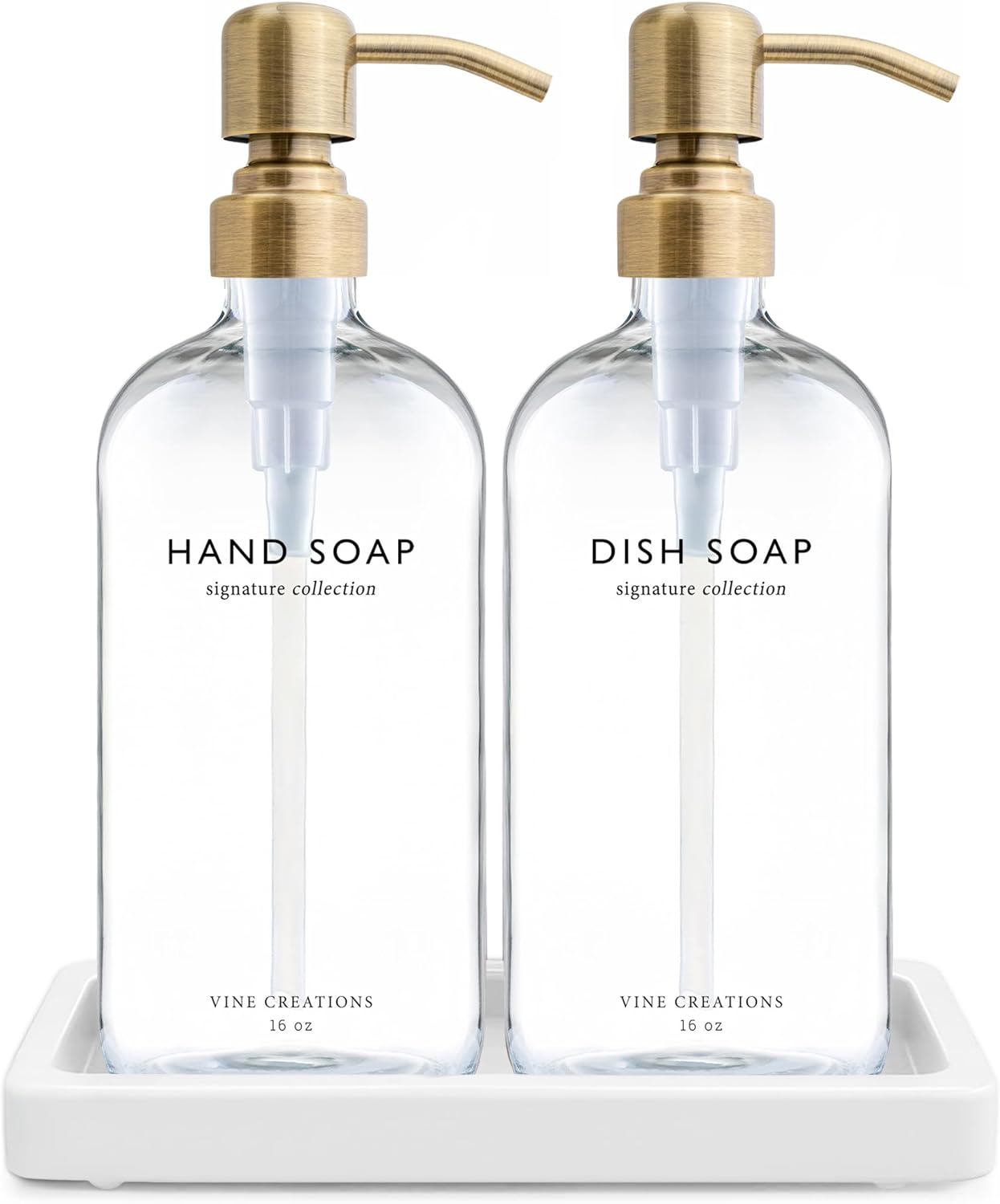 Vine Creations Glass Soap Dispenser Set, Kitchen Soap Dispenser Set with Ceramic Tray, 16 oz Dish Soap and Hand Soap Dispensers with Stainless Steel Pump Decor (Clear Bottle/Brushed Brass)