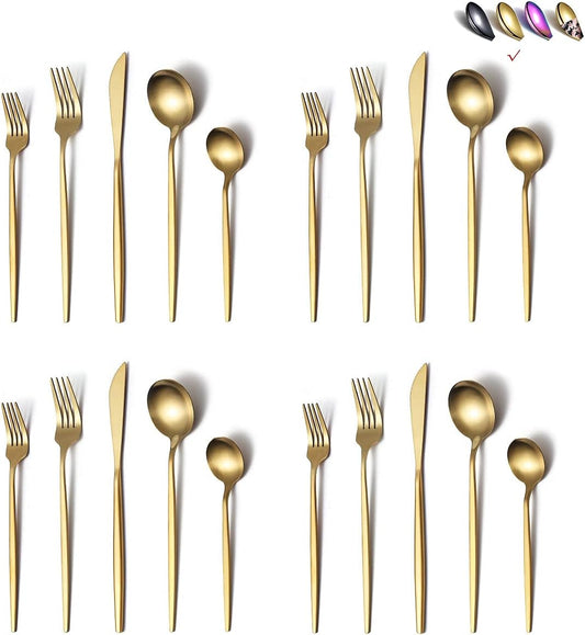 Matte Gold Silverware Set 40 Pieces, Stainless Steel Golden Flatware Set, Titanium Plating Cutlery Set, Matte Gold Utensil Sets, Service Set for 8 (Matte Golden)
