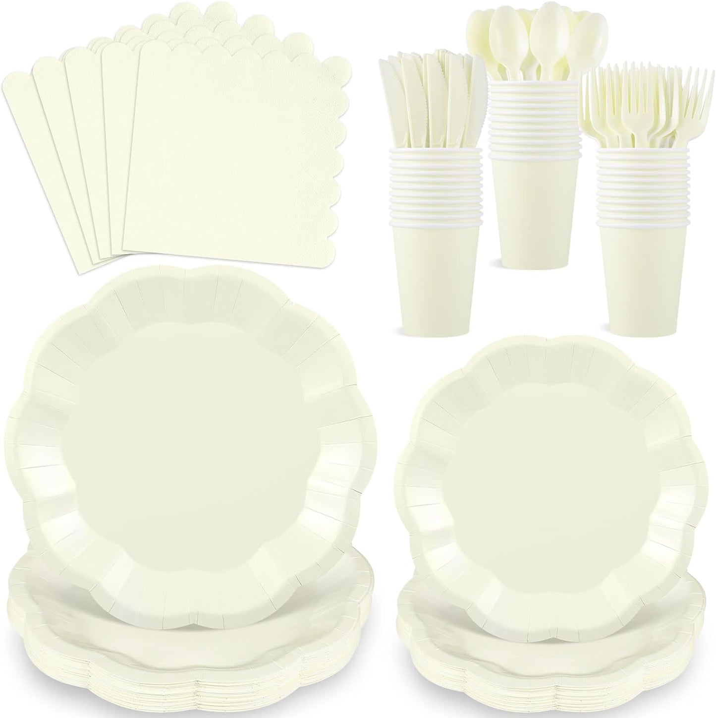 175 Pcs Thanksgiving Ivory Plates and Napkins Set, 25 Guest Cream Party Supplies Include Beige Scalloped Plate Paper Napkin Cup Fork Knives Disposable Plastic Cutlery for Wedding Baby Shower