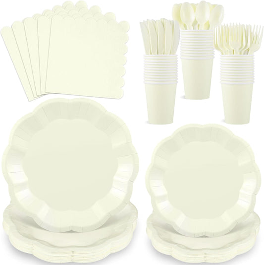 175 Pcs Thanksgiving Ivory Plates and Napkins Set, 25 Guest Cream Party Supplies Include Beige Scalloped Plate Paper Napkin Cup Fork Knives Disposable Plastic Cutlery for Wedding Baby Shower