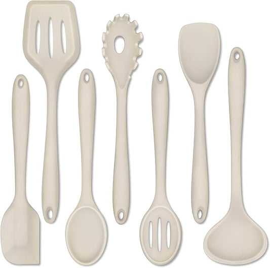 P&P CHEF Silicone Cooking Utensils Set of 7, Heat-proof Kitchen Utensils Set for Nonstick Cookware, Non-stick Spatula, Slotted Turner, Soup Ladle, Pasta Server, Spoon for Cooking Serving - Khaki