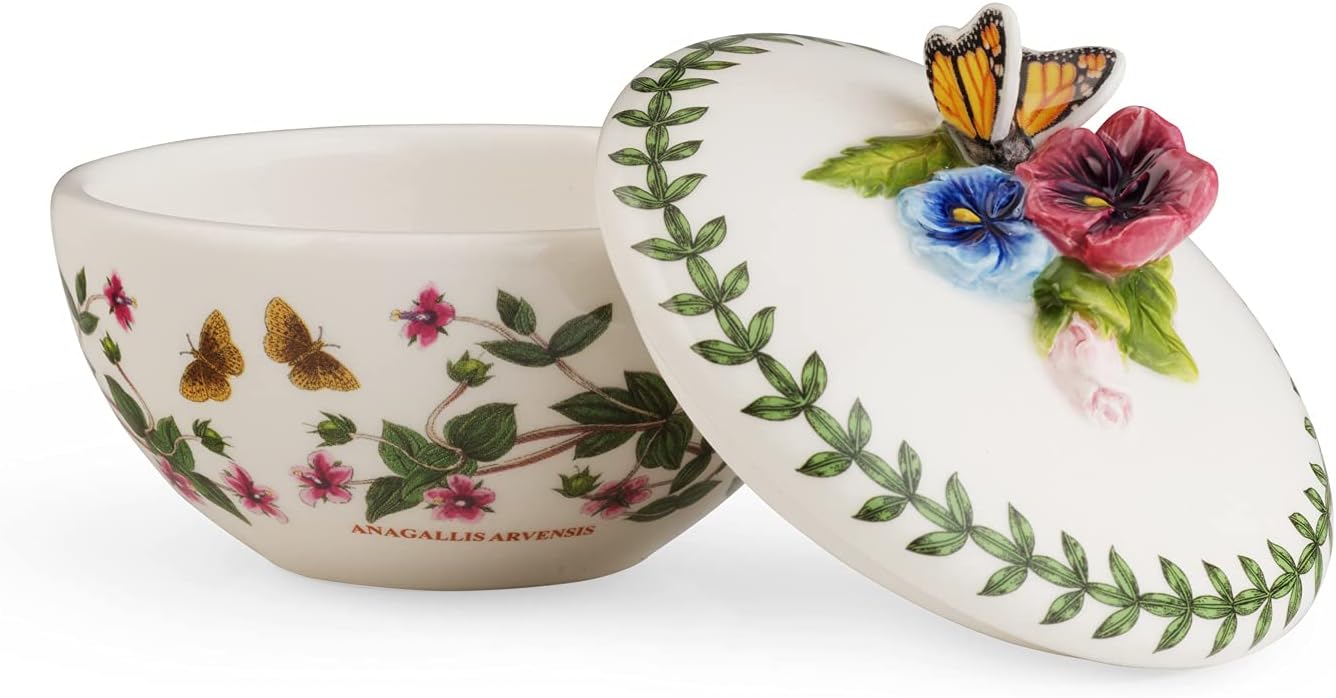 Portmeirion Elegant Botanic Garden Butterfly Trinket Box, 2.5" - Floral Motif Organizer for Rings, Bracelets, Small Jewelry - Durable Dolomite with Chip-Resistant Glaze - Decorative Holder