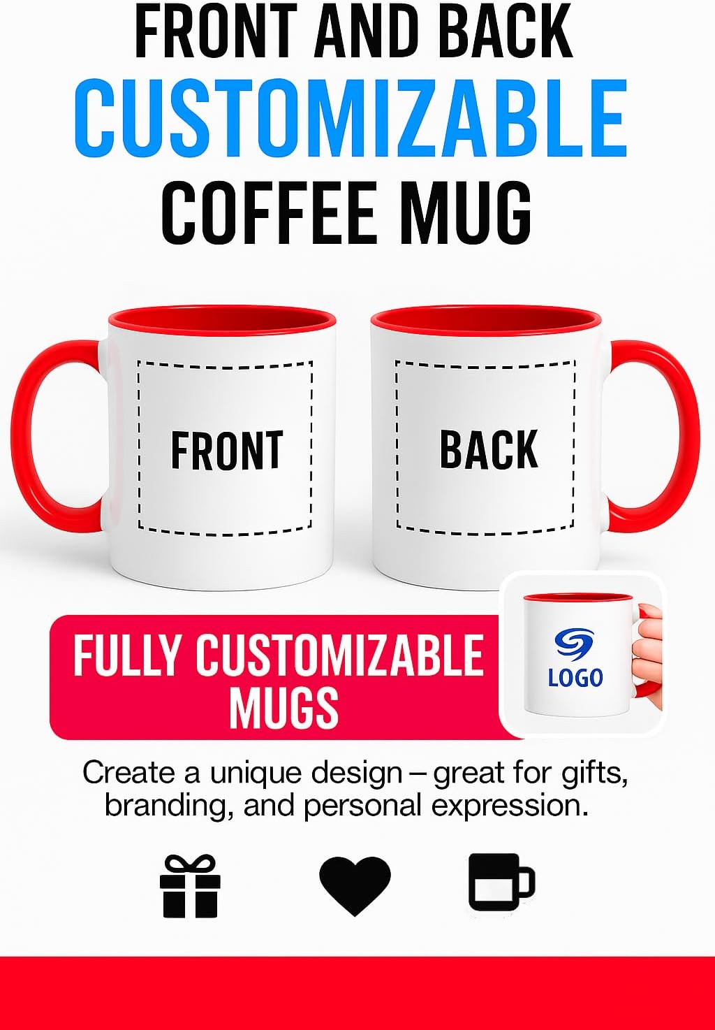 Personalized Coffee Mug | Custom Photo, Text, or Logo Cup (11oz, Red Rim, Inner, and Handle) |Dishwasher & Microwave Safe |Unique Gift for Men & Women –Taza Personalizada