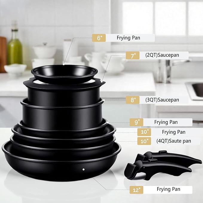 Bonnlo 23 PCS Non-Stick Cookware Set, Aluminum Pots and Pans Set with Removable & Detachable Handles, Induction RV Kitchen Cook Set, Microwave Safe, PFAS PFOA & PFOS Free, for Gift