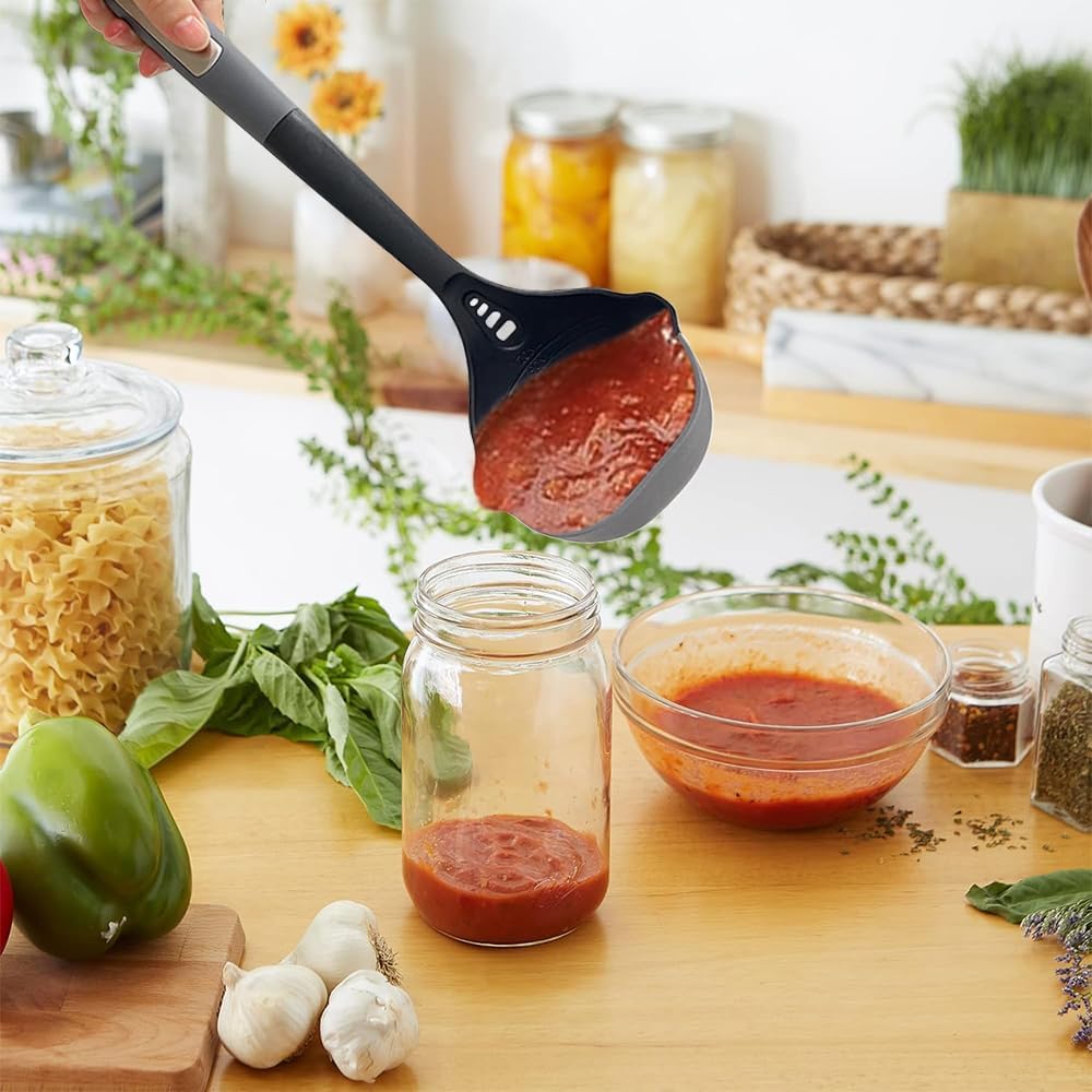 Flexible & Sturdy Kitchen Ladle Spoon Set for Nonstick Pots n Pans | Heat-Resistant Soup Ladle Canning Serving Spoons with Measurement Marks | Dishwasher Safe Cooking Utensil Tools