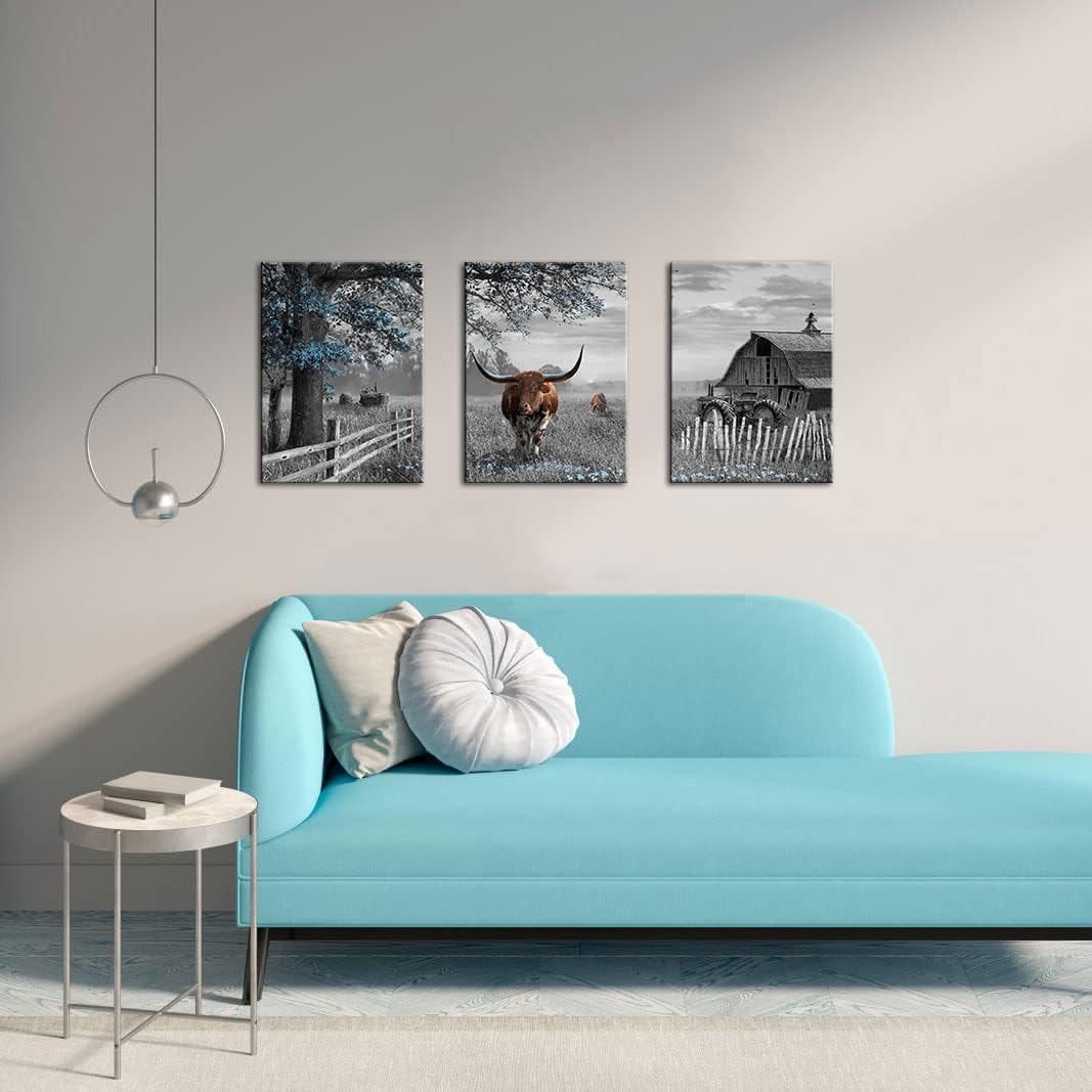 yiijeah Western Wall Decor - Rustic Blue Tree Brown Cow 3 Piece Wall Art - Farmhouse Black and White Picture Canvas Artwork for Walls - Field Scenery Wall Art