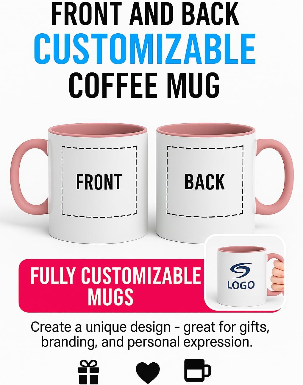 Personalized Coffee Mug | Custom Photo, Text, or Logo Cup (11oz, Pink Rim, Inner, and Handle) |Dishwasher & Microwave Safe |Unique Gift for Men & Women –Taza Personalizada