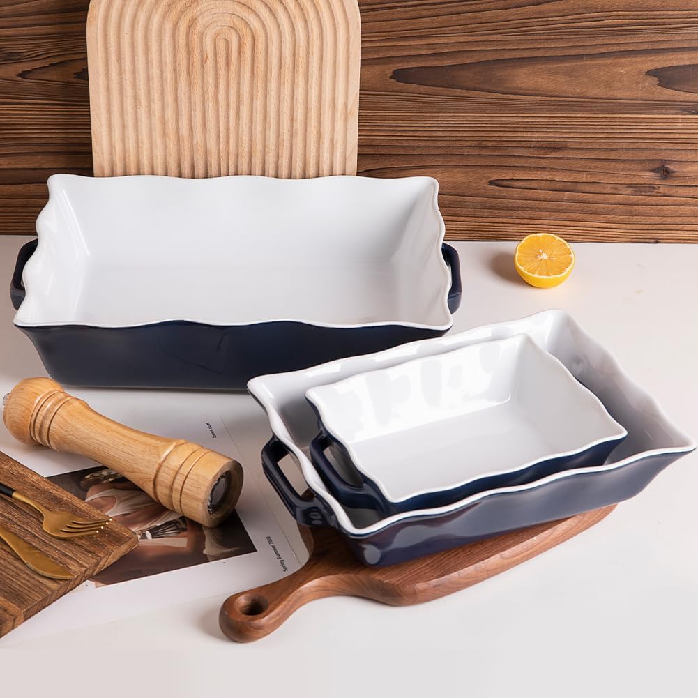 Sweejar Casserole Dishes for Oven, Ceramic Bakeware Set of 3, Rectangular Baking dish with Handles, Wave Edge Lasagna Pan Deep for Cooking, Cake, Dinner, Banquet and Daily Use (Navy)