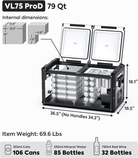 ICECO VL75 ProD Portable Refrigerator, Multi-directional Lid, Dual USB & DC 12/24V, AC 110-240V, 75L Dual Zone Steel Compact Refrigerator Powered by SECOP, 0℉ to 50℉, Home & Car Use [Upgrade]