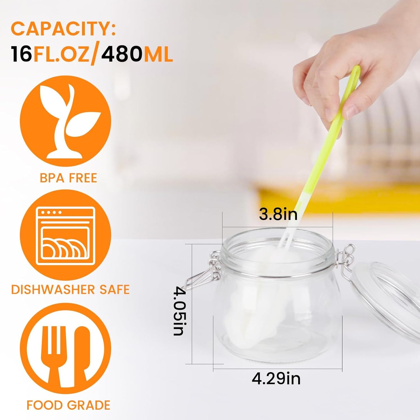 AuroTrends 16oz Glass Jars with Airtight Lids 6Pack - Large Kitchen Canisters for Food Storage, 480ml Leakproof Canning Jars with Wide Mouth, Ideal for Flour, Coffee, Snacks & Home Organization