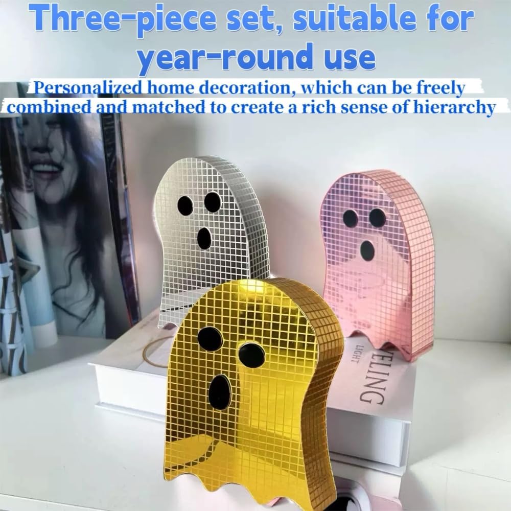 3 Pack Christmas Disco Laser Reflective Ghost Decor - 6 Inch Ball Table Centerpiece for Tiered Tray, Spooky Party & Home Decor, Sparkling Gothic Kitchen Desktop Decoration (Silver+Pink+Golden)