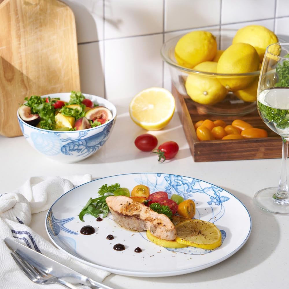 Minh Long 12-PCS Porcelain Coastal Dinnerware Set, Plates, Bowls, Service for 4, Chip & Scratch Resistant, Oven Safe up to 482°F, Non toxic, Lead & Cadmium Free, Stackable, Dishwasher & Microwave Safe