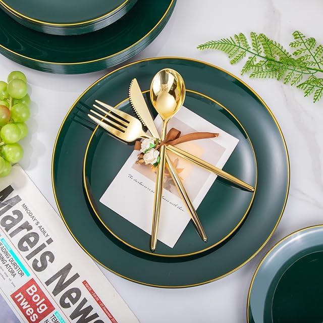 I00000 150Pcs Green Plastic Plates with Gold Rim, Fancy Christmas Plates,Green Disposable Plates Set include 30 Dinner Plate,30 Dessert Plate, 90 Plastic Silverware Set for Christmas,Party,Wedding