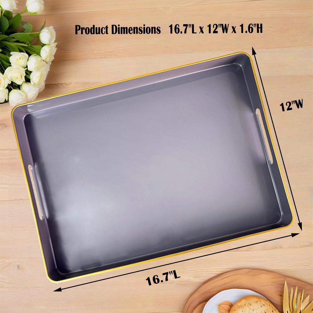 Large Grey Coffee Table Tray, Decorative Serving Tray with Handles, Plastic Rectangular Tray for Ottoman, Bathroom, Living Room. 16.7"*12"*1.6"