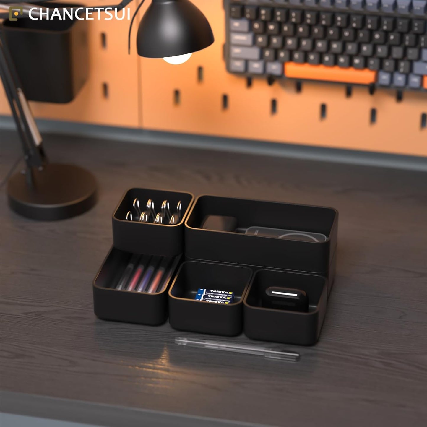 6 Pcs Stackable Drawer Organizer Set Desk Drawer Dividers, Bathroom Vanity Cosmetic Makeup Trays , Multipurpose Plastic Storage Bins for Jewelries, Kitchen Gadgets and Office Accessories, Black