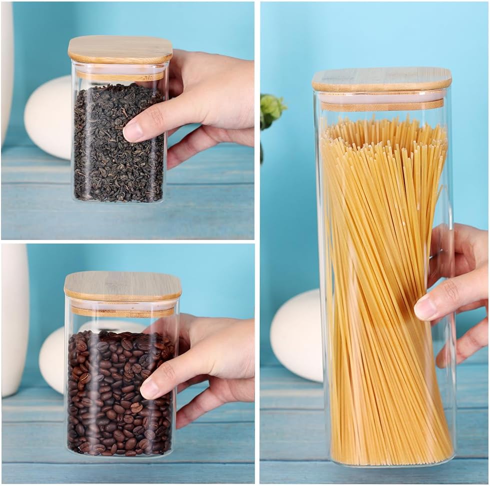 Glass Storage Canister with Wooden Lid, Set of 7 Square Glass Jars with Bamboo Lids, Glass Food Storage Containers for Pasta, Cereal, Flour, Sugar, Best for Kitchen & Pantry