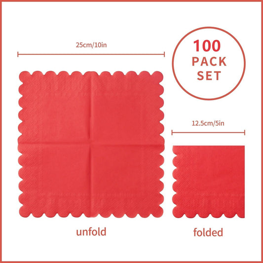 100 Pack Cocktail Napkin 2-Ply Scalloped Edged Dessert Napkins Folded 5 x 5 Inches Disposable Napkins for Dinner Wedding Birthday Party Bridal Anniversary Reception Event (Red)