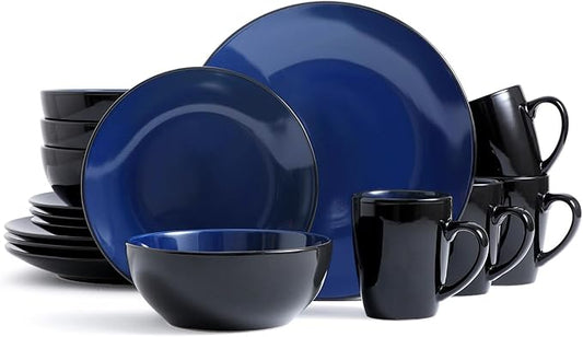 Bestone 16 Piece Round Kitchen Dinnerware Set, Blue and Black, Stoneware
