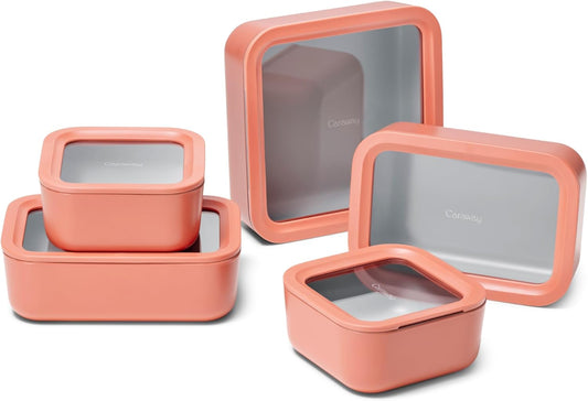 Caraway 13pc Glass Food Storage Container Set - Easy to Store, Non Toxic Lunch Box - with Glass Lids - Includes Storage Organizer - Perracotta