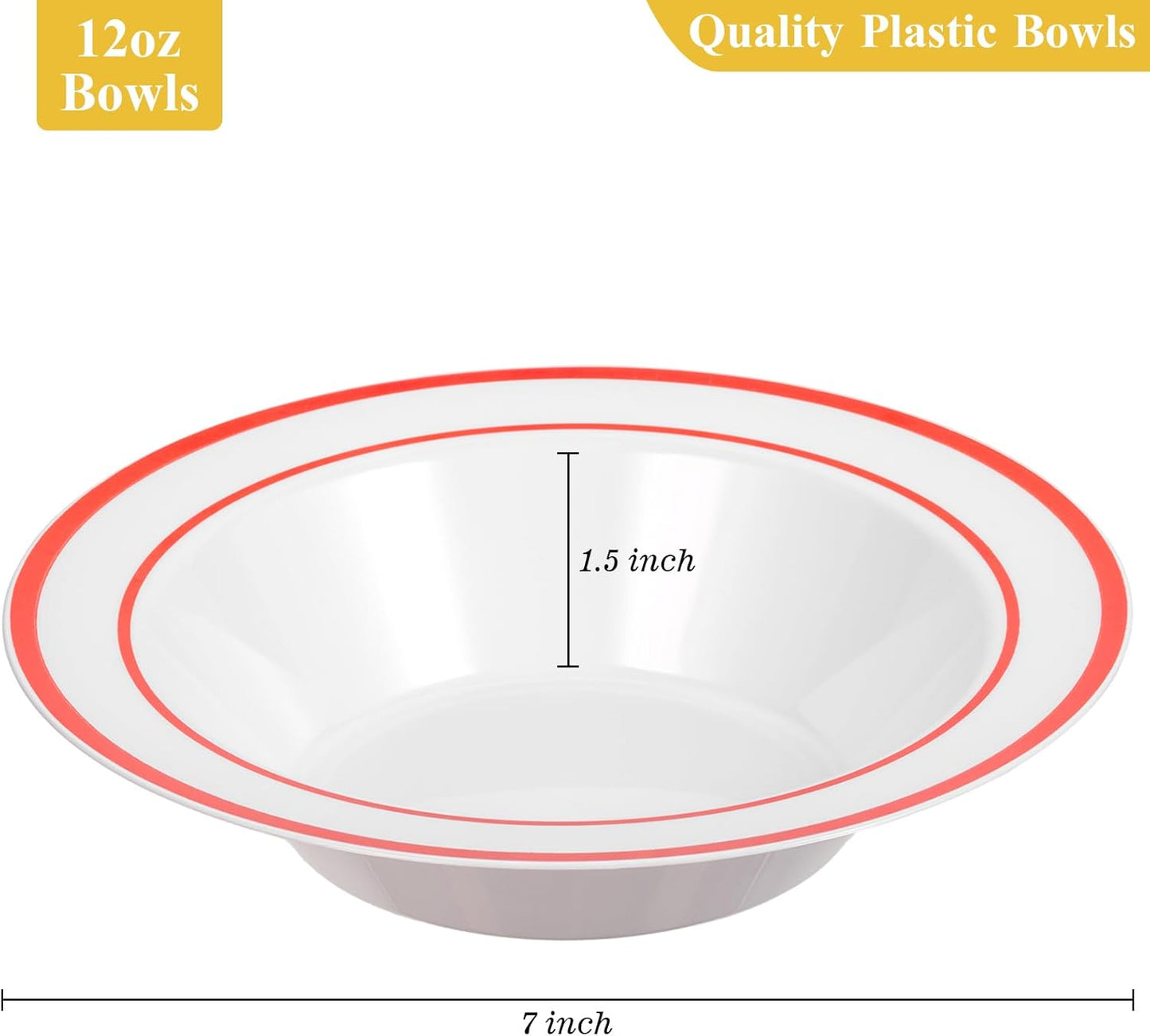 Goodluck 50 Pack Plastic Bowls with Red Rim, 12oz Disposable Soup Bowls, Heavy Duty Dessert Bowls for Weddings, Parties, Christmas Dinners, Catering, Thanksgiving and Everyday Use