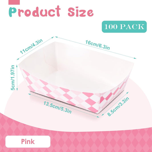 Blcculi 100 Pack Gingham Paper Food Trays,Gingham Party Supplies,Disposable Paper Food Boat,Snack Serving Trays for Nacho,Baby Shower,Birthday Party,Wedding (Pink + White)
