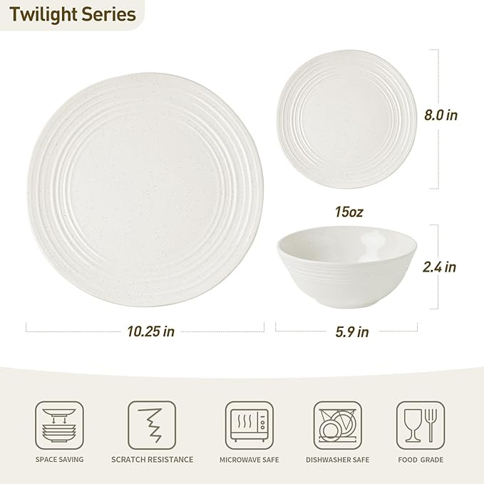 Famiware Plates and Bowls Sets 24-Piece Stoneware Dinnerware Sets, Dishes Set for 8, Speckled Hand-made Reactive Glaze Dish Set, Twilight Series, White