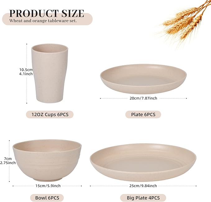 24 - Piece Wheat Straw Dinnerware Set - Plates and Bowls for 6, Unbreakable, Dishwasher & Microwave Safe, Reusable, Lightweight Tableware, Ideal for Camping and Everyday Use (Beige)