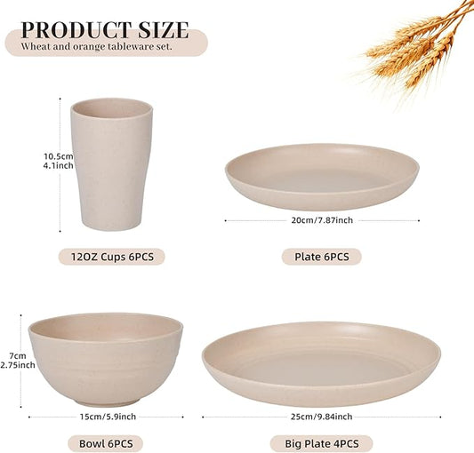 24 - Piece Wheat Straw Dinnerware Set - Plates and Bowls for 6, Unbreakable, Dishwasher & Microwave Safe, Reusable, Lightweight Tableware, Ideal for Camping and Everyday Use (Beige)