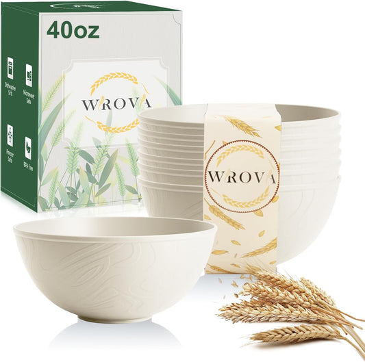Wrova Beige Wheat Straw Bowls for Cereal and Salad,Alternative Plastic Bowls Set of 6,40oz Unbreakable Soup Bowls suitable for Kitchen,Party,Camping and R.V.
