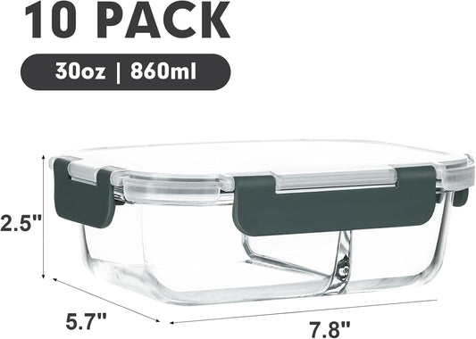 M MCIRCO 10-Pack,30 Oz Glass Meal Prep Containers 2 Compartments Airtight Lunch Bento Boxes with Lids, Glass Food Storage Containers, Microwave, Oven, Freezer and Dishwasher