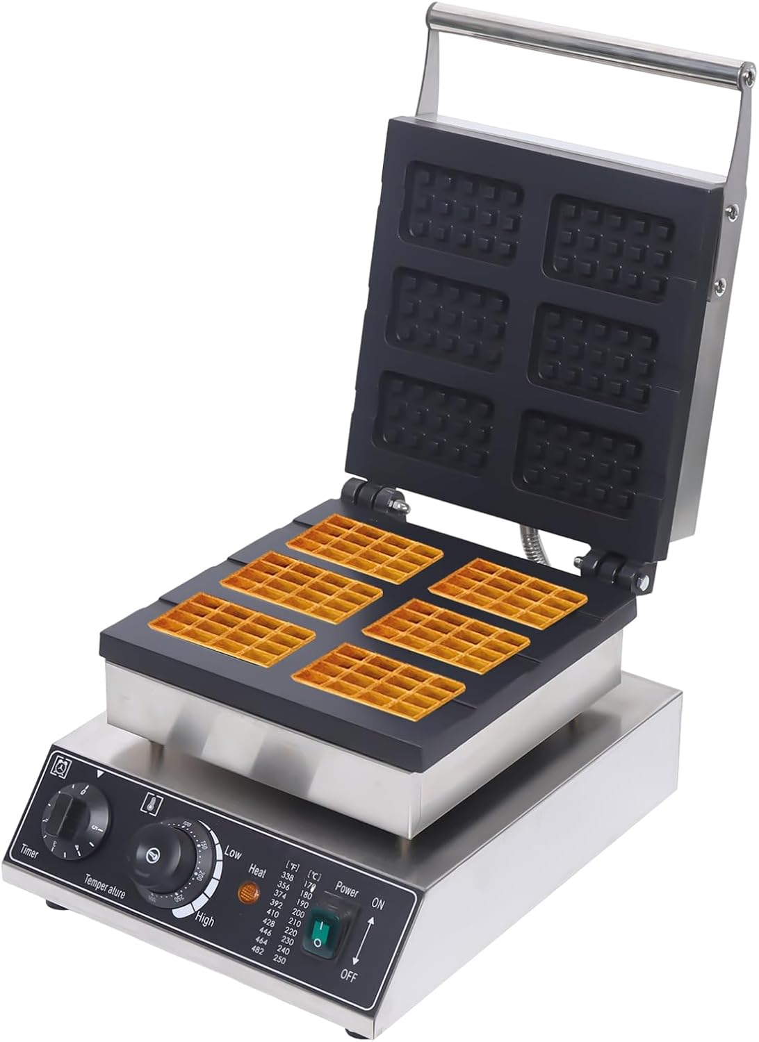 1750W 6 Grids Belgian Waffle Maker Machine with Temp and Time Control 122-572℉, 0-5 Mins, Non-Stick Plates Commercial Waffles Iron w/ 6 Molds, Stainless Steel Electric Waffle Making Machine