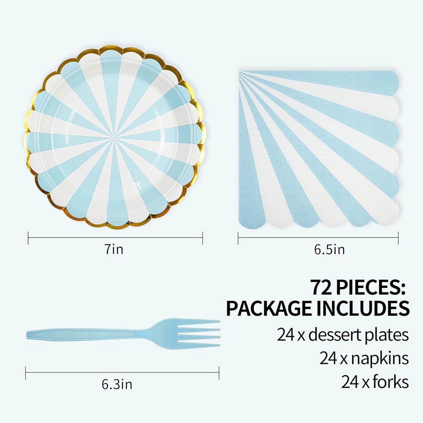 72PCS Blue Paper Plates and Napkins Party Supplies, Gold Foil Edge Scalloped Striped Paper Plates Napkins Disposable Tableware Set for Birthday Wedding Baby Shower Party Decoration (Blue)