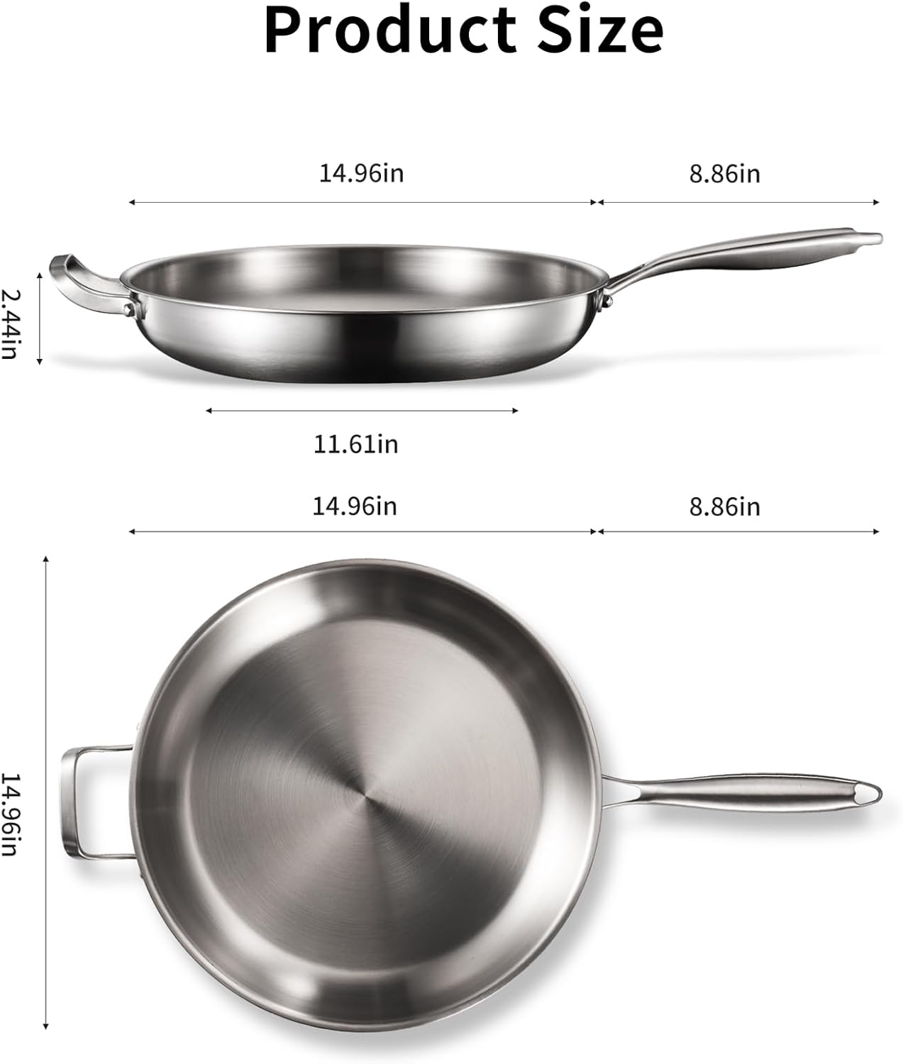 DELARLO Stainless Steel Pan, 14.2 Inch Frying Pan, Tri-Ply Skillet with Lid, Oven Safe Up to 600℉, Stainless Steel Cookware, Fast Even Heat, Large Cooking Surface,Non Toxic Large Skillet