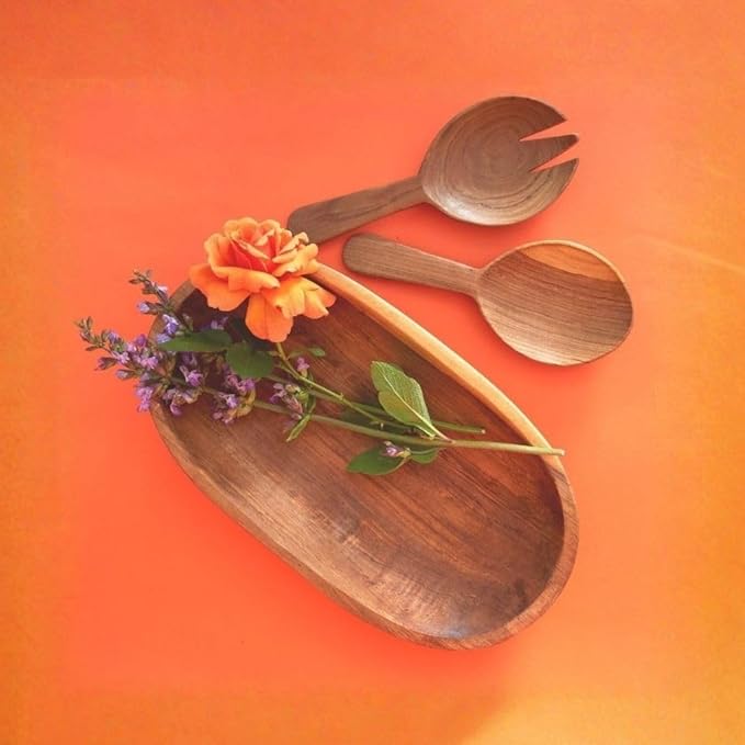 Rustic Olive Wood Bowl with Servers, Serving Dish for Salad, Pasta, Fruit, Kitchen Countertop Decor, Handcarved, 13 Inch Wide, Oval Shape, 3pcs