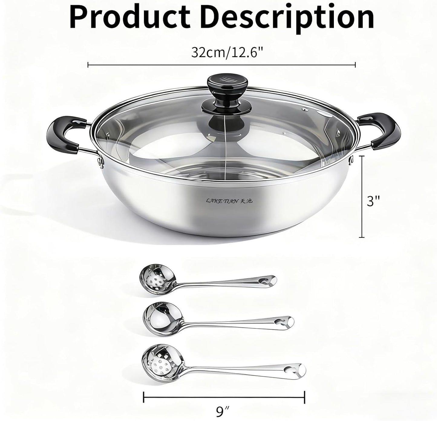 Stainless Steel Hot Pot with Divider Include 3 Spoons, Shabu Shabu Chinese Hot Pot With Lid, Dual Sided Yin Yang Pan with Divider Set, Portable, 12.6″