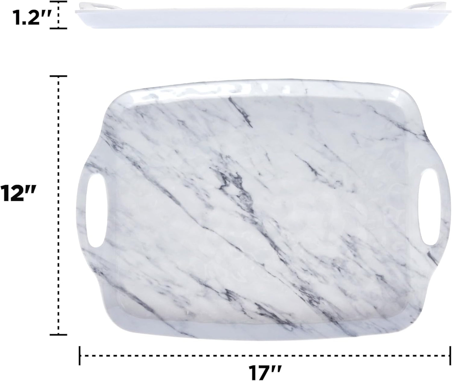 TP Serving Trays with Handles, 17 Inch Large Rectangular Melamine Serving Platter Set of 2, White Marble