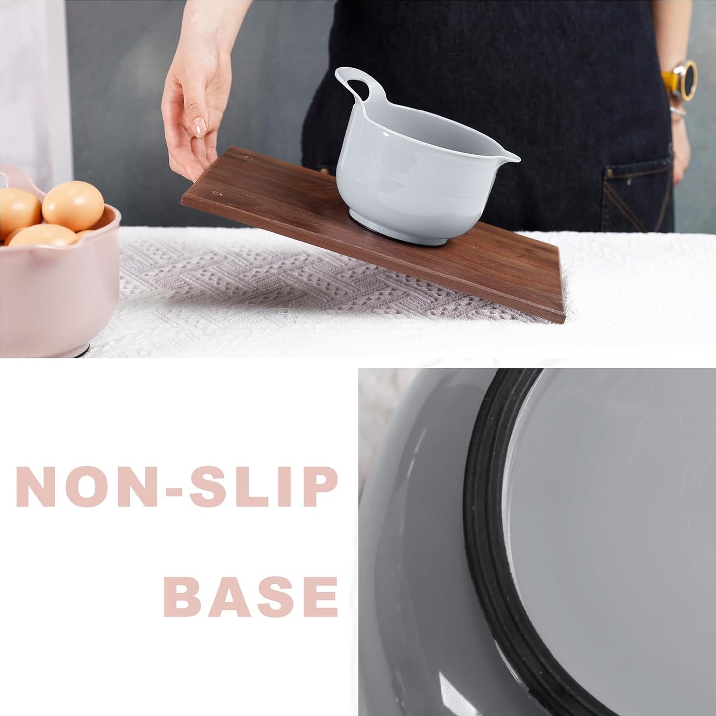 BoxedHome Nesting Plastic Mixing Bowl Set with Pour Spouts and Handles - Non Slip Bottom, BPA free Microwave & Dishwasher Safe(Khaki Pink, 4 Pack)