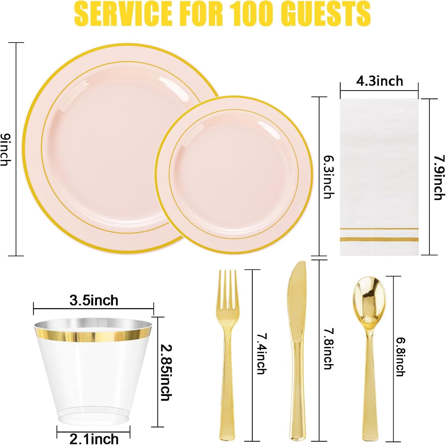 GATHER 700PCS Pink Plastic Plates - Gold Rim Disposable Plastic Dinnerware Set Include 200 Pink Plates, 300 Silverware, 100 Napkins, 100 Cups for Party & Wedding