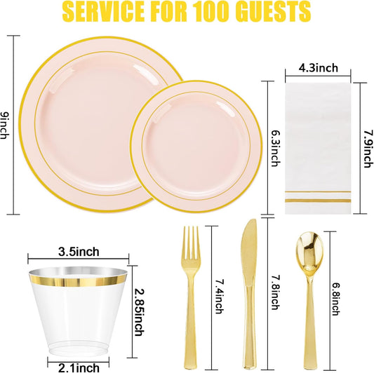 GATHER 700PCS Pink Plastic Plates - Gold Rim Disposable Plastic Dinnerware Set Include 200 Pink Plates, 300 Silverware, 100 Napkins, 100 Cups for Party & Wedding
