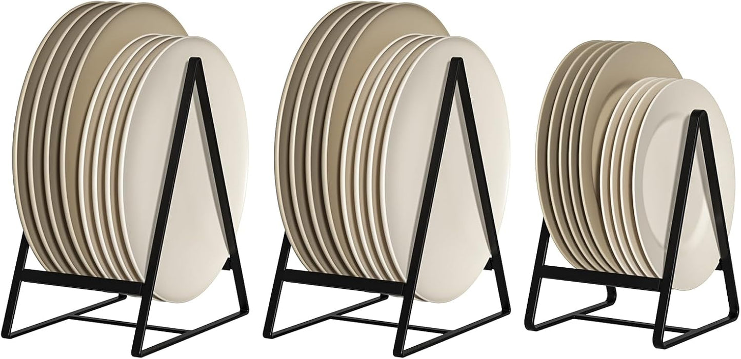 2 Large 1 Small Triangle Plate Holders Organizers Upright Cabinet Dish Drying Racks Metal Plate Dish Organizers Racks Stands for Countertop and Cupboard Black
