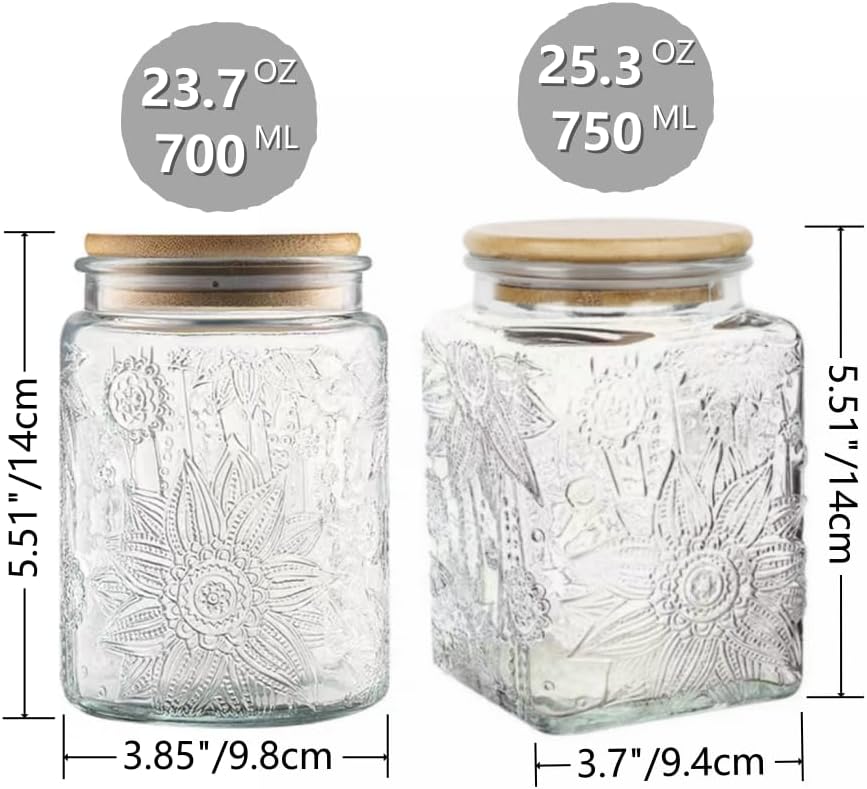 Vintage Glass Jar, 25.3oz/23.7oz Food Storage Containers, Glass Jars with Lids, Decorative Jar for Home Kitchen Coffee, Tea, Candy, Sugar Jar