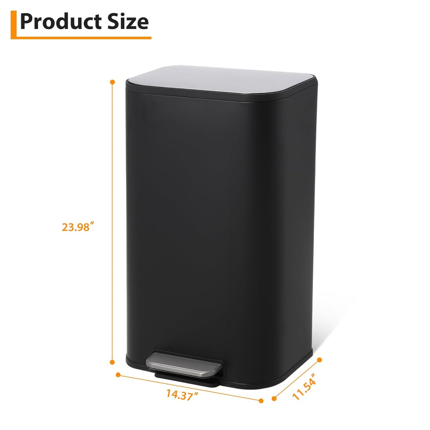 Kitchen Trash Can, 8 Gallon Stainless Steel Garbage Can with Lid, Step-On Pedal and Inner Bucket, Rectangular Trash Can for Home Kitchen Office Living Room (30 L, Black)