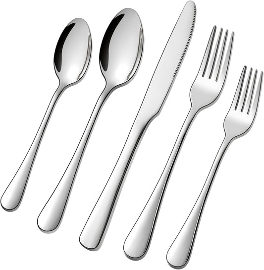 5pcs Stainless Steel Silverware Set, Kitchen Cutlery Set, Mirror Polished Forks Knives and Spoons Set for Home and Restaurant, Rust Resistant Eating Utensil Set