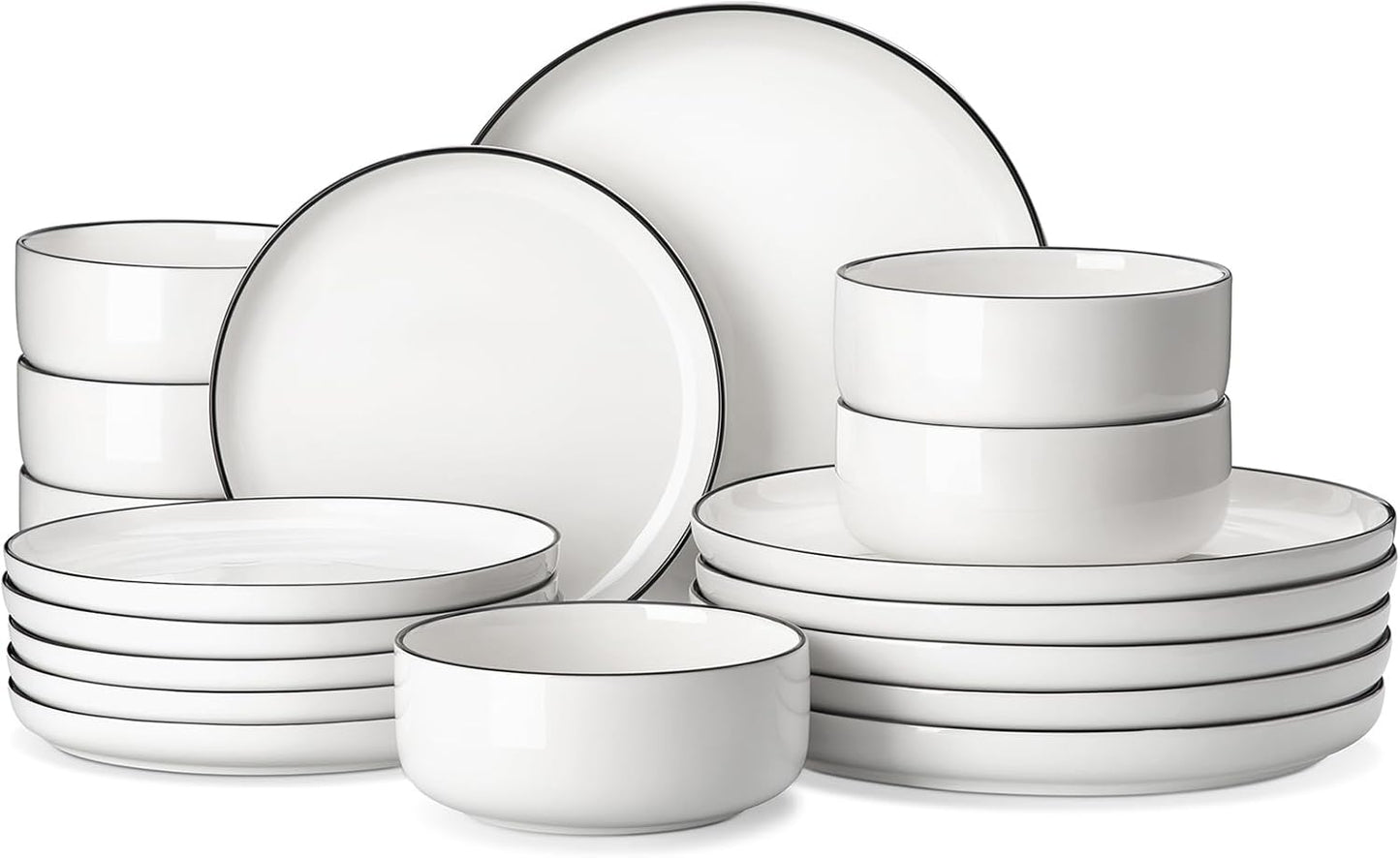 MALACASA Plates and Bowls Sets, 18 Pieces Modern Porcelain Dinnerware Set for 6 White Kitchen Dinner Ware Set wtih Black Rim Ceramic Dishware Dishes Microwave and Dishwasher Safe, Series LUNA