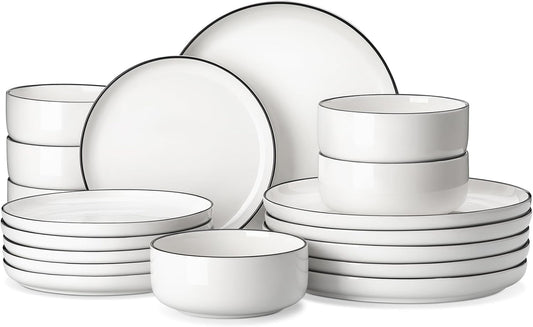 MALACASA Plates and Bowls Sets, 18 Pieces Modern Porcelain Dinnerware Set for 6 White Kitchen Dinner Ware Set wtih Black Rim Ceramic Dishware Dishes Microwave and Dishwasher Safe, Series LUNA