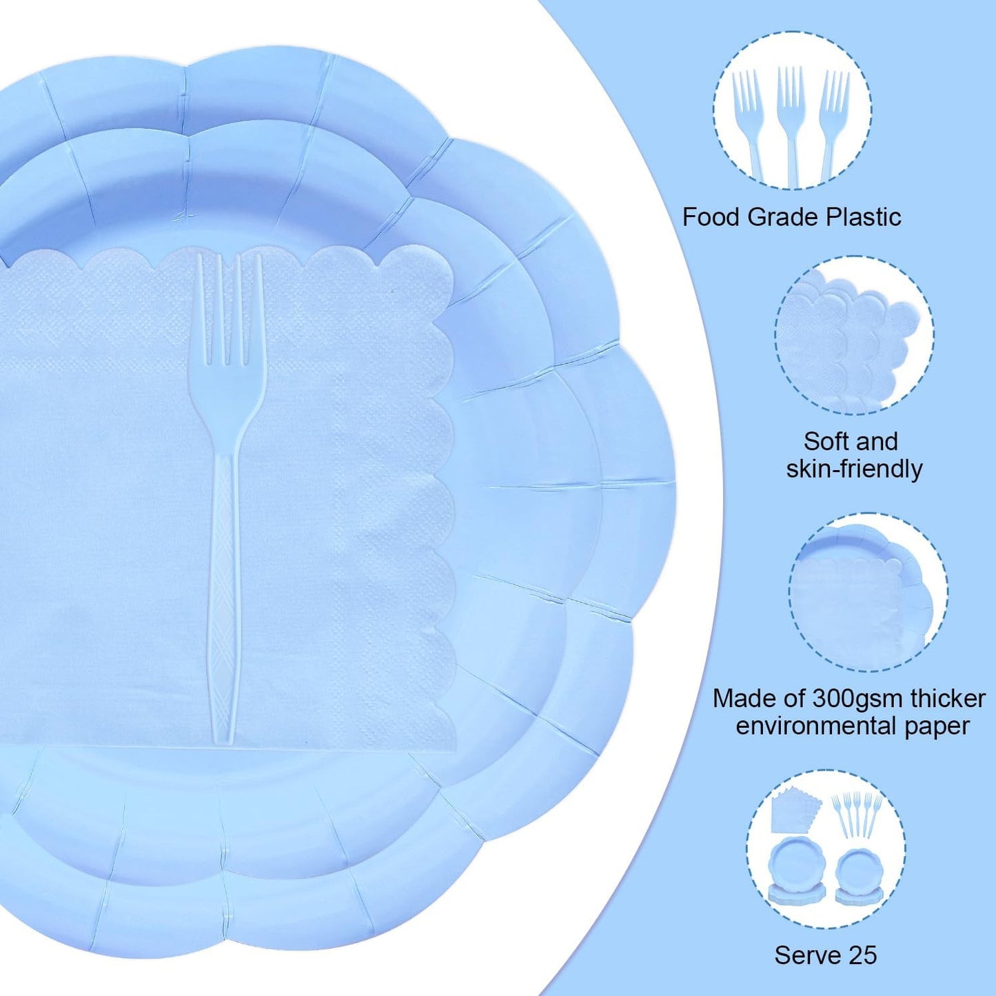 96 Pieces Light Blue Scalloped Tableware Set Party Supplies – Solid Color Disposable Dinnerware with Paper Plates, Napkins, and Forks for Baby Showers, Boys Birthday, Spring Celebrations – Serves 24